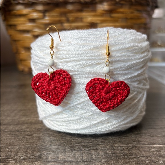 Hand Crafted Jewelry - NWOT Handcrafted Red Heart Crochet Earrings